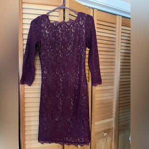 Adrianna Papell Scalloped Dress In Mulberry / Purple Lace with Nude Underlay